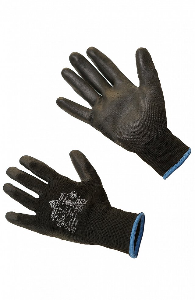 Перчатки трикотажные ДЕЛЬТА ПЛЮС VE702P с ПУ покрытием арт. VE702PN10, черные